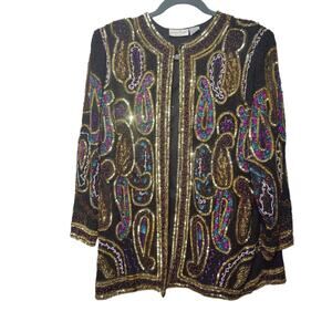 Vintage 80s 90s Laurence Kazar Plus Sz 4X Silk All Over Sequin Paisely Jacket